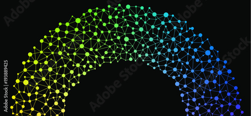 Blue green and yellow arched rainbow graphic background showing unity social networking. Warm colors arranged in a dot pattern connected to each other.