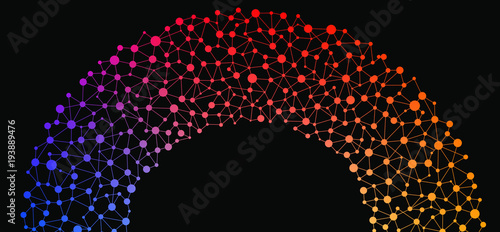 Purple orange red arched rainbow graphic background showing unity social networking. Warm colors arranged in a dot pattern connected to each other.