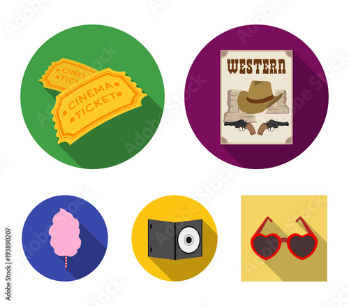 Western cinema, tickets, sweet cotton wool, film on DVD.Filmy and cinema set collection icons in flat style vector symbol stock illustration web.
