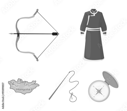 .mongol dressing gown, battle bow, theria on the map, Urga, Khlyst. Mongolia set collection icons in monochrome style vector symbol stock illustration web.