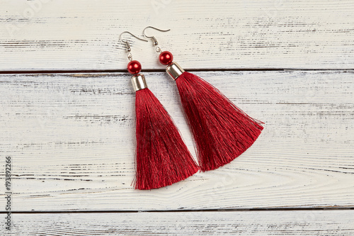 Red tassel earrings on white background photo