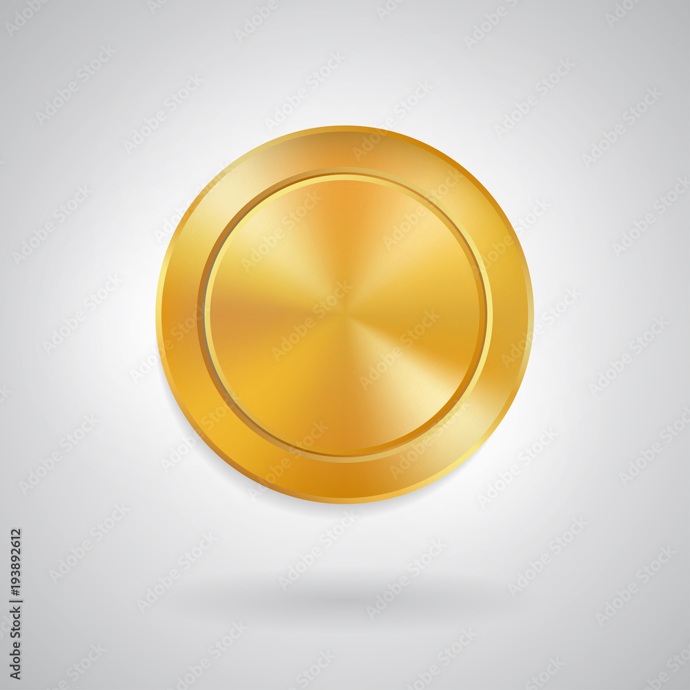 Brushed golden metal glowing light effect button template, gleaming icon design for applications, software, web-sites. Scratched elegant an modern luxurious surface.