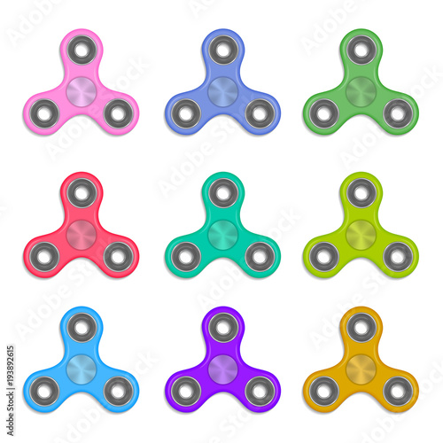 Set of fidget spinners, vector hand gadgets made in realistic design with variety of colors. Isolated on white. Metallic toys with ball-bearings for relaxation, meditation, entertainment.
