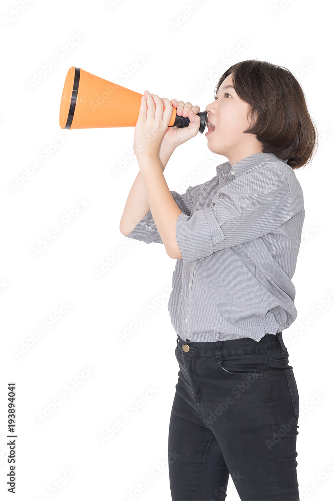Young woman shouting for announce through a megaphone Young woman shouting for announce through a megaphone