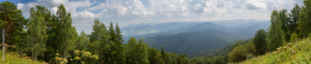 Panorama from the top of Mount Tserkovka in summer resort of Belokurikha in Altai Krai
