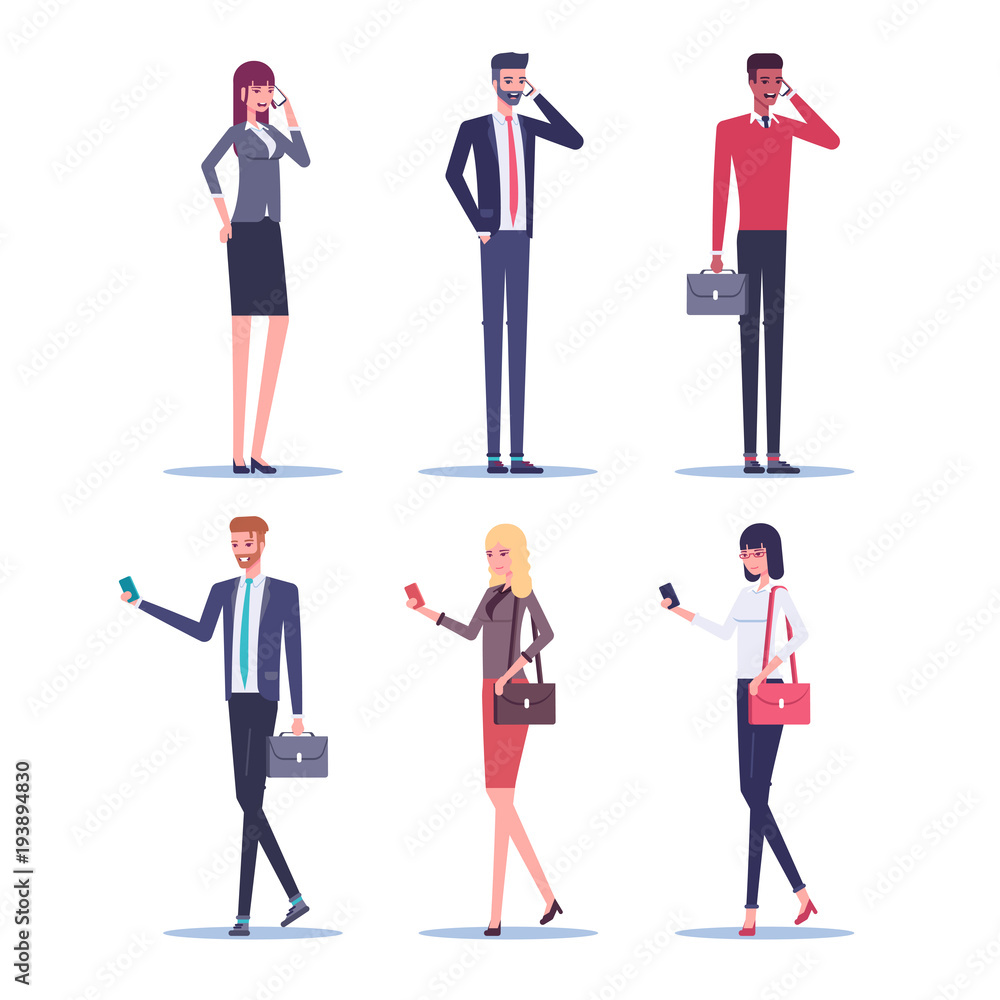 Set of businessmen and businesswomen talking on a mobile phone and using a smartphone while walking vector flat illustration. Business people standing and walking with smartphones on white background