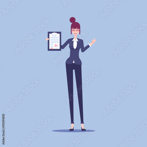 Smiling businesswoman holding in her hand a signed contract and showing thumbs up. A happy woman in formal wear and glasses is happy to sign the agreement vector flat illustration
