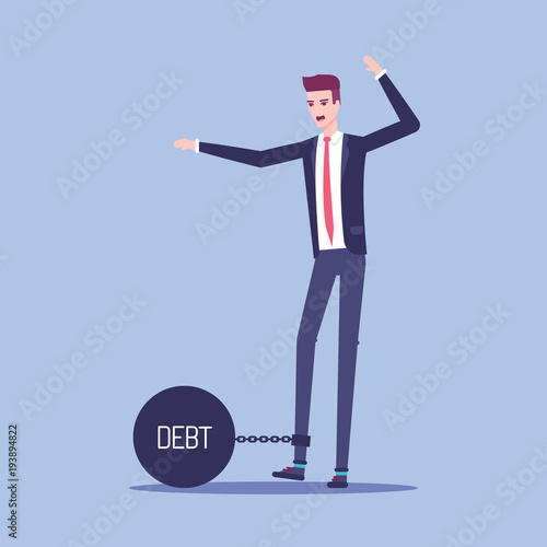 Businessman chained to a heavy metal ball with the inscription debt vector flat illustration. The indignant businessman can't move from a place because of a steel sphere chained to his leg.