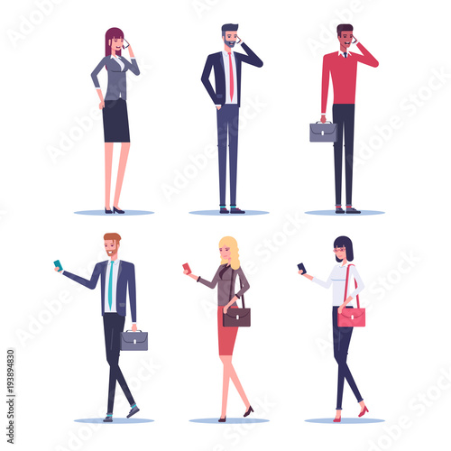 Set of businessmen and businesswomen talking on a mobile phone and using a smartphone while walking vector flat illustration. Business people standing and walking with smartphones on white background