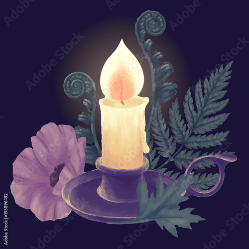 Burning candle and holder