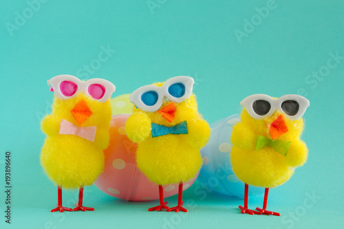 Three Groovy Chicks with Eggs on a Aqua Background. Fototapeta