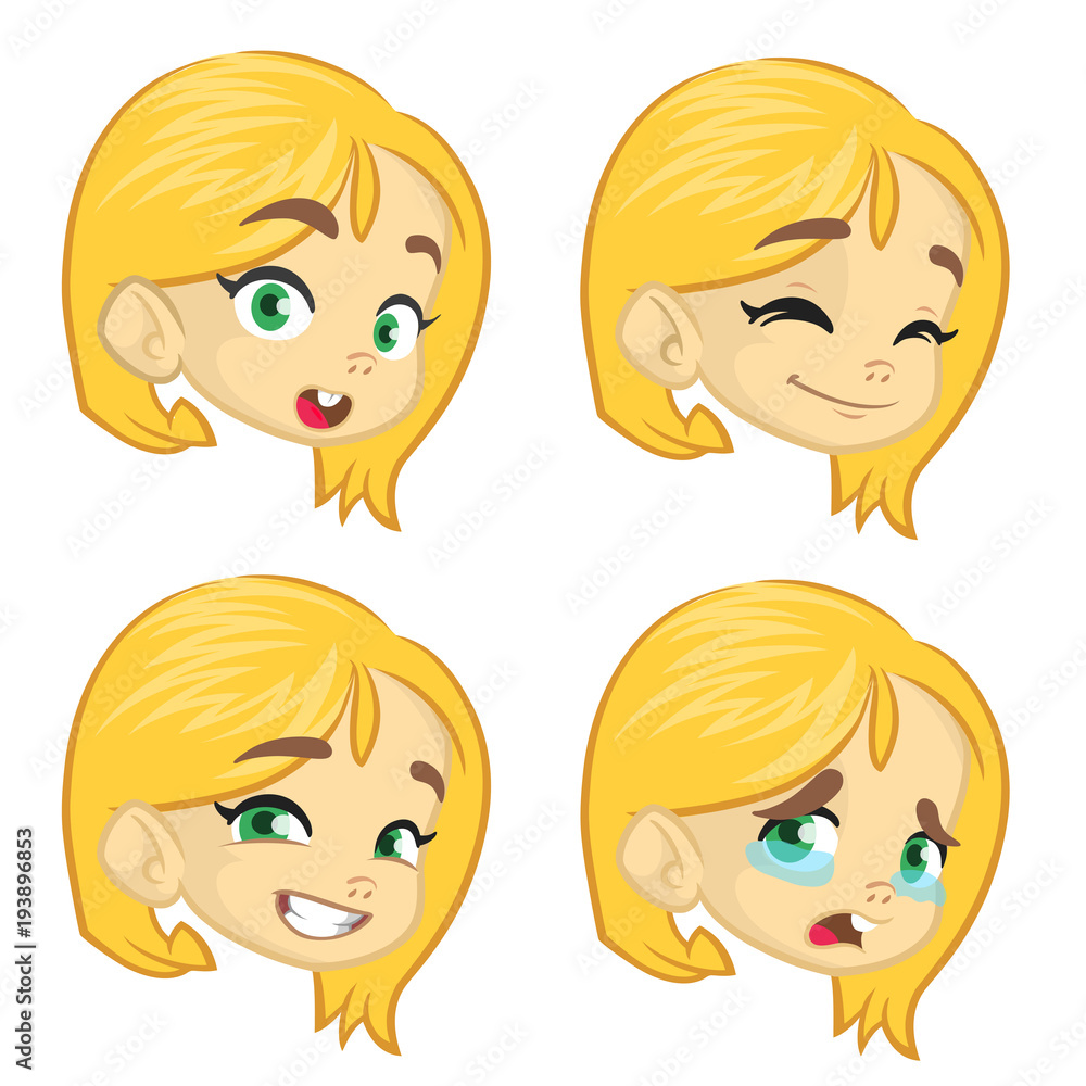 Cartoon blond girl expression set. Cute cartoon vector girl face emotions collection Cartoon blond girl expression set. Cute cartoon vector girl face emotions collection