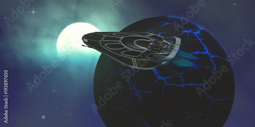 Fototapeta Naklejka Na Ścianę i Meble -  Stinger Star-ship in Space - A spaceship flies close to a planet with bright blue fissure cracks on its surface and an atmosphere.