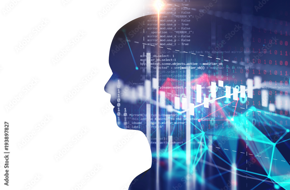 double exposure image of financial graph and virtual human 3dillustration