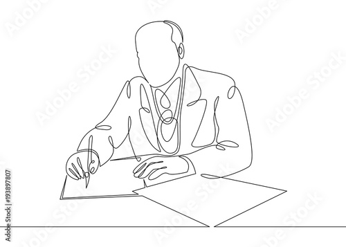 Continuous one single line drawn character politics of business coach speaking before audience. Political negotiations, the signing of an agreement, a contract.