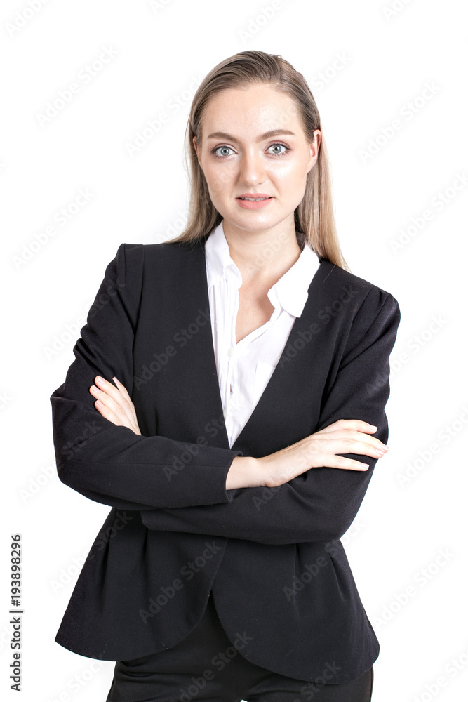 Businesswoman standing with smile isolated on white background. Businesswoman standing with smile isolated on white background.