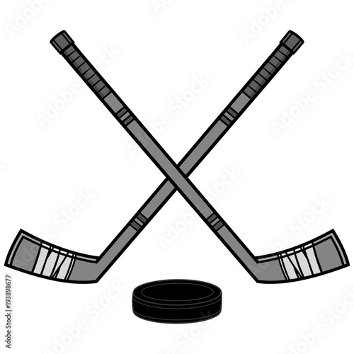 Hockey Sticks and Puck Illustration - A vector cartoon illustration of a couple of Hockey Sticks and a Puck.