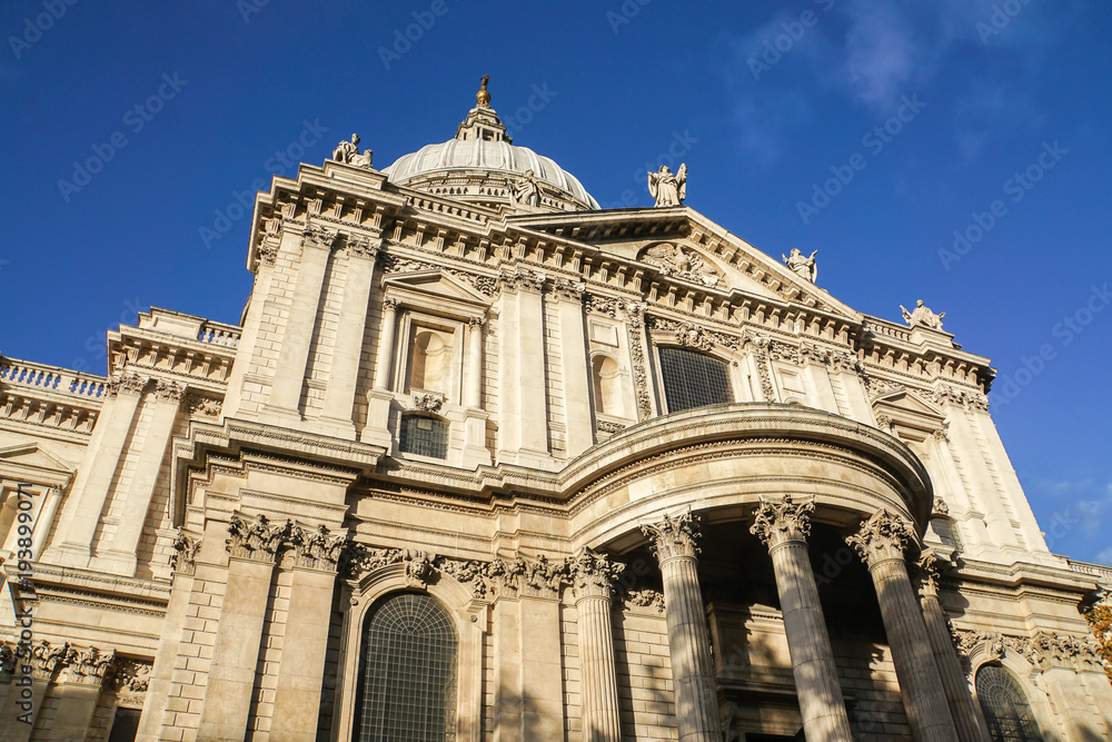 close up beautiful architecture of St. Paul Cathedral in London with bright clear blue sky in sunny day