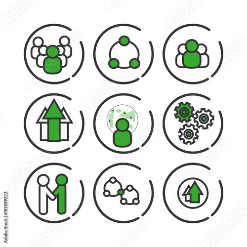 set of vector icons-group, friends, community, man globe, up arrow, team leader, arrows, society, union