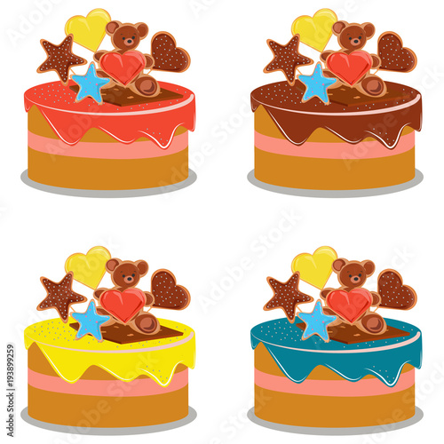 set of cakes, red cake, yellow cake, chocolate cake, blue cake, on white background