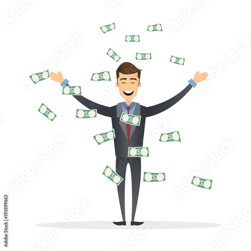 Successful business man is delighted with the rain of money above