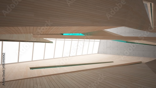 Abstract  concrete and wood parametric interior  with window. 3D illustration and rendering. © SERGEYMANSUROV
