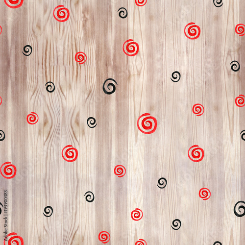 Swirling spiral seamless pattern of white circles. Mezen painting. Ethnic