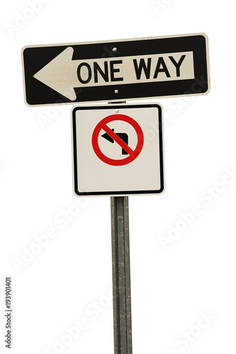 One way and no left turn sign isolated on white background