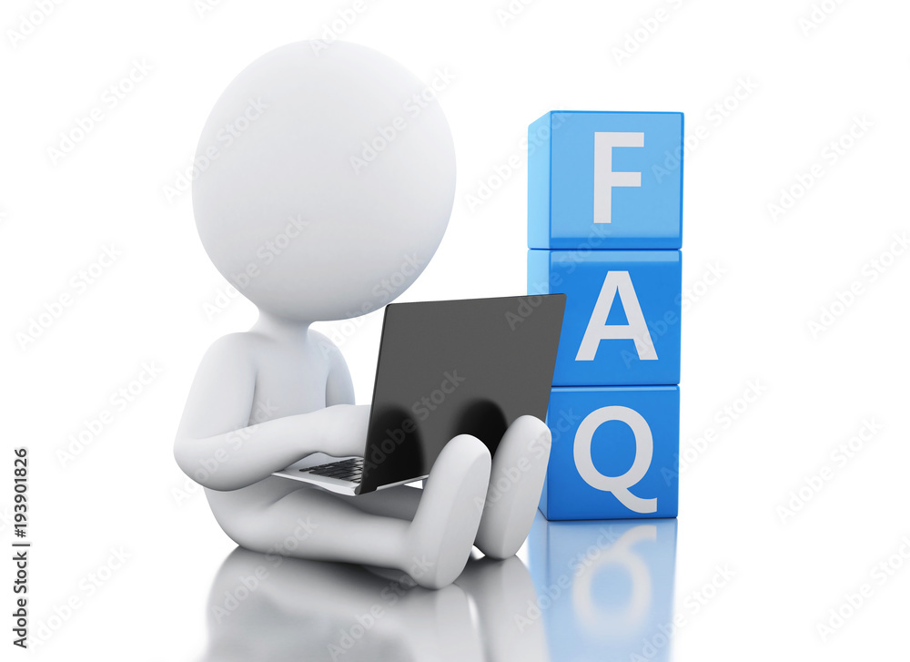 3d White person with laptop next to FAQ. 3d White person with laptop next to FAQ.