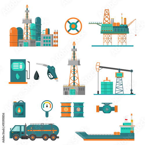 Set of oil industry extraction production and transportation oil and petrol, rig and barrels on flat cartoon icons