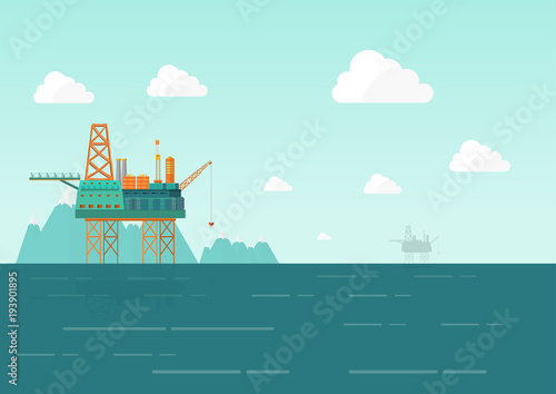 Drilling rig at the sea. Oil platform, gas fuel on landscape flat vector illustration