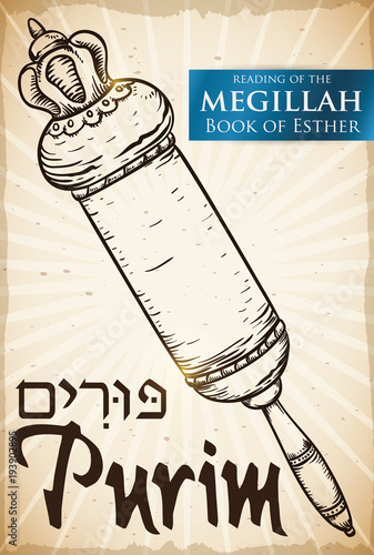 Hand Drawn Design of a Esther's Scroll for Purim Readings, Vector Illustration