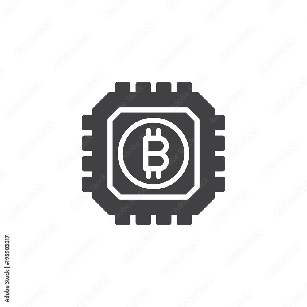 Obraz premium Bitcoin and asic chip vector icon. filled flat sign for mobile concept and web design. Cryptocurrency mining hardware simple solid icon. Symbol, logo illustration. Pixel perfect vector graphics