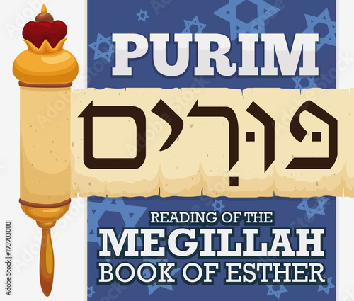 Starry Background and Holy Scroll of Esther for Purim Celebration, Vector Illustration
