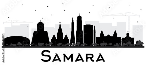 Samara Russia City Skyline Silhouette with Black Buildings Isolated on White.
