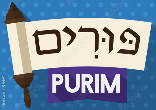 Starry Design, Ribbon and Wide Open Scroll for Purim, Vector Illustration