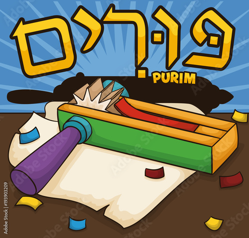 Traditional Colorful Gragger, Scroll and Confetti for Purim Celebration, Vector Illustration
