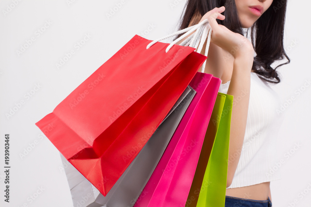 happy smiling girl shopping, excited woman holding shopping bag isolated, smiling girl happy woman shopping colorful bag, asian lady happy shopping concept cute pretty girl beautiful woman asian model