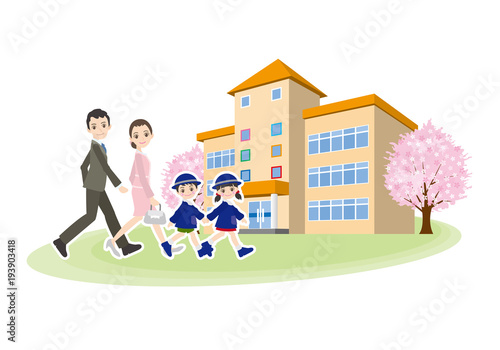 幼稚園の入園式に行く子供と家族のイラスト Stock Vector Adobe Stock