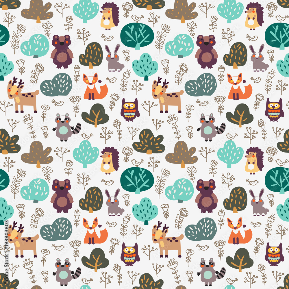 Funny animal seamless pattern with floral background made of wild ...