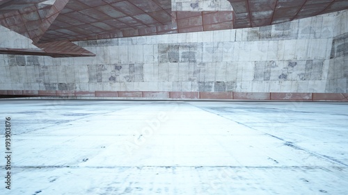 Empty smooth abstract room interior of sheets rusted metal with gray concrete. Architectural background. 3D illustration and rendering