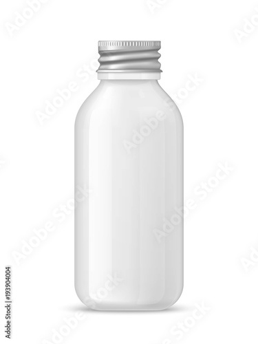 Ads template, blank skin care mockup with realistic white glass bottle with aluminum twisting cover for liquid gel, soap, lotion, cream, shampoo, bath foam and other cosmetics