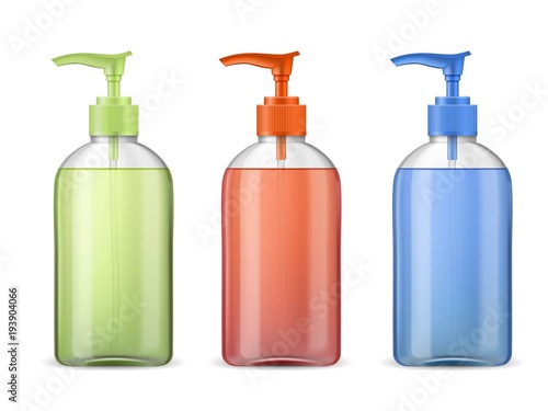 Ads template mockup realistic plastic bottle with batcher pump, three full container with green, red and blue transparent liquid gel, soap, lotion, cream, shampoo, bath foam on a white background
