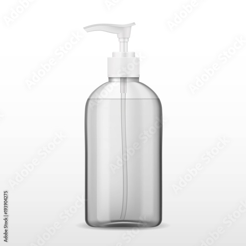 Ads template, blank skin care mockup with realistic plastic bottle with dispenser airless pump. Pharmaceutical container with transparent liquid gel, soap, lotion, cream, shampoo, bath foam.