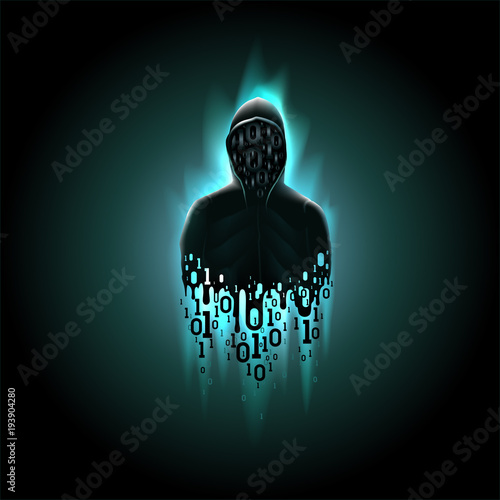 Silhouette of a hacker in a hood with binary code on a luminous blue background, hacking of a computer system, theft of data