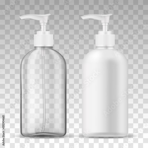 Ads template mockup two realistic plastic bottles with dispenser airless pump transparent and white for liquid gel, soap, lotion, cream, shampoo, bath foam and other cosmetics