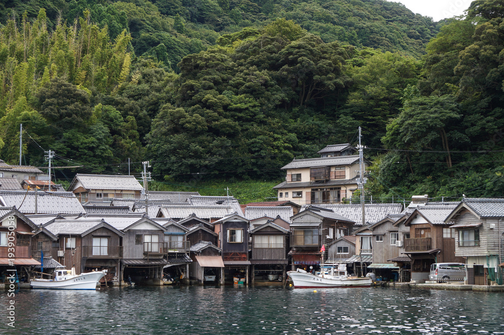 Ancient Fisherman Village on a cloudy day at Ine Boathouse of Kyoto, JAPAN.
