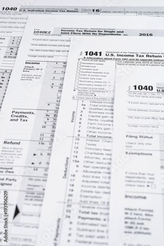 Form 1040 Individual Income Tax return form. United States Tax forms 2016/2017. American blank tax forms. Tax time.