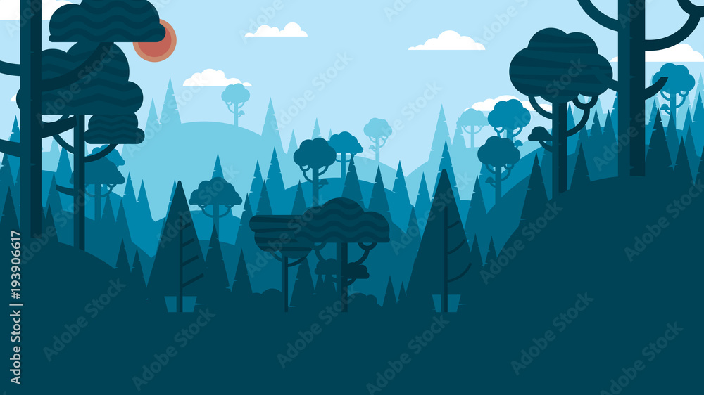 Obraz premium Silhouette nature forest and mountains landscape abstract background.Ecology and environment conservation concept flat design.Vector illustration.