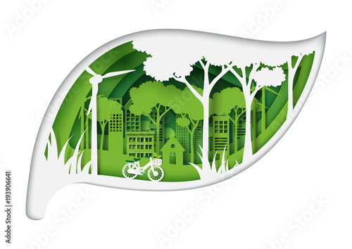 Green eco friendly city and urban forest nature landscape with ecology and environment conservation concept design with leaf shape of paper art style.Vector illustration.